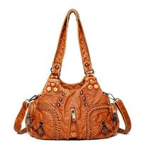 Yogodlns Vintage Minkšta PU odinė pečių krepšys Moteriška didelės talpos rankinė Totes Crossbody Pack 30*12*22cm ruda