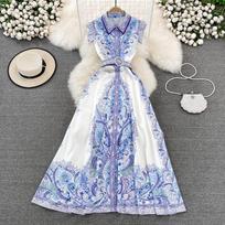RUGOD 2022 Retro Paleis Godin Fan Mingyuan temperamentas Enkele Breasted Revers Print Jurk Elegante A-lijn Grote Swing Jurk S balta