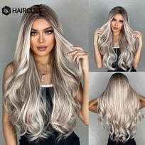 HAIRCUBE balti platininiai mišrūs rudi sintetiniai perukai ilgiems banguotiems plaukams perukai moterims vidurinės dalies kasdieniai karščiui atsparūs perukai