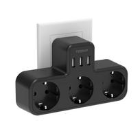 TESSAN USB sieninio lizdo adapteris ES standartinis kištukas su 3 lizdais ir 3 USB, kelių europinių kištukų maitinimo juostos apsauga nuo perkrovos 3 Outlets & 3 USB Ports pilka spalva