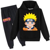 Anime Naruto Hoodies Kasdienis unisex vaikiškas sportinis kostiumas vaikams ilgomis rankovėmis animacinis spaudinys su gobtuvu megztinis megztinis kelnės kelnės 170 juoda