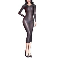 Blizganti moteriška suknelė apvaliu kaklu, aptempta pieštuku seksuali kostiuminė ilgomis rankovėmis Bodycon mini suknelė One Size juoda