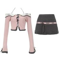 Japanese Pink Kawaii 2 Piece Set Women Off Shoulder Y2K Sweet Skirt Suit Female Korean Fashion Casual Chic Sweet Set 2024 New S pilka/rožinė