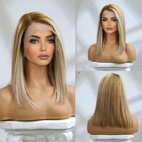 HAIRCUBE Rudų sruogų perukas Žmogaus plaukai Tiesus Bobas Priekiniai nėriniai Perukai moterims 14 colių Šviesūs Remy Žmogaus plaukai Šoninio sklastymo nėrinių sklastymo perukas