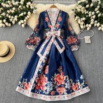 Gėlių vasarinė suknelė moterims plonas juosmens tvarstis temperamentas chalatas moteriškas 2024 Vestidos De Mujer Vintage elegantiška maksi suknelė 27w921 S tamsiai mėlyna spalva