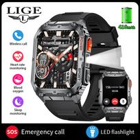 LIGE LED Žibintuvėlis Išmanusis Laikrodis Vyrams Bluetooth Skambutis Sveikatos Stebėjimas Lauko Sporto Laikrodis Vandeniui Atspari Apyrankė silicone strap juoda