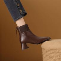 Soft Leather Coarse Heel Martin Boots Women'S Wool Knitted Skinny Boots Middle Heel Square Head Back Zipper Martin Boots Women 35 ruda