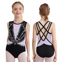 Mergaičių šokių gimnastikos pasirodymo kostiumas apvaliu kaklu, be rankovių, kryžiuota nugara, blizgūs cirkonio akmenys, spalvų blokas, metalinis triko 7-8 Years šviesiai violetinė spalva