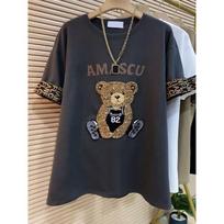 Large Size Patchwork Diamond Inlaid Short Sleeved T-shirt for Autumn and Winter Women Loose Fit Fashionable and Versatile Half S L pilka