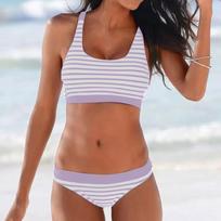 Dvipusis bikini moterims, dryžuotas raštas, pakelianti krūtinė, žemo liemens bikini kelnaitės, dviejų dalių, atvira nugara, paplūdimio atostogų bikinis maudymosi kostiumėlis S violetinė