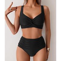 Elegantiškas vienspalvis maudymosi kostiumas moterims Seksualus lieknas klostuotas aukšto juosmens bikini Atviras maudymosi kostiumas 2025 Naujas Paprastas Klasikinis Paplūdimio apranga Maudymosi kostiumai S juoda