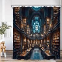 Vintažinė bibliotekos dušo užuolaida Viduramžių studijų kambarys Antikinė pilis Magiška knygų lentyna Vonios dekoras Studijų tema Poliesterinė vonios užuolaida 90x180cm-35x70in
