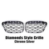 Chromuotos sidabrinės deimantų stiliaus priekinio buferio inkstų grotelės BMW X1 F48 F49 2016-2019 m. Blizgančios dviejų linijų stiliaus viršutinės grotelės Diamond-Silver