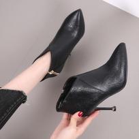 Pointed Toe Short Shoes for Women Black Heeled Female Ankle Boots Leather Work Footwear Quality New Booties Rock Very High Heels 34