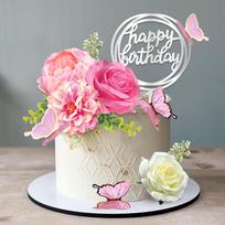 Flower Cake Toppers with Butterfly Happy Birthday and Artificial  Rose Flowers Eucalyptus Butterflies for Birthday Wedding rožinė