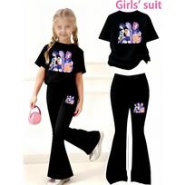 Merginos trumpomis rankovėmis komplektas 2026 Naujas Kpop Trys merginos Anime spausdintas trumpomis rankovėmis T-shirtas + varpelio formos kelnės Dviejų dalių komplektas 120 juoda