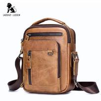 LAOSHIZI Natūralios odos vyriškas „Crossbody“ peties krepšys „Vintage“ karvės odos „Messenger“ krepšys vyriškai maža laisvalaikio rankinė ruda