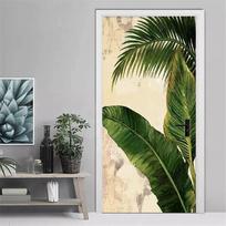 3D durų lipdukas Žalia palmių augalo tapetai Lipni įėjimo namo miegamojo dekoratyviniai vinilai Abstrakčios linijos peizažo plakatas 77x200cm(Cut 2 pcs)