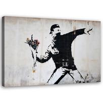 Drobės spaudinys, Banksy chuliganas, metantis gėlių puokštę 60x40 pilka spalva