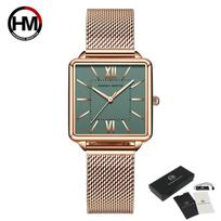 Hannah Martin Moteriški kvarciniai laikrodžiai Japonija Quartz Movement žalias ciferblatas kvadratinių laikrodžių dėklas Madingas rankinis laikrodis Moteriški rožinio aukso laikrodžiai moterims žalia
