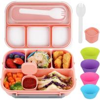 7 vnt Bento dėžutės rinkinys suaugusiems ir vaikams, priešpiečių dėžutė su 4 skyriais, įrankiai, padažo indelis, bandelė rožinė