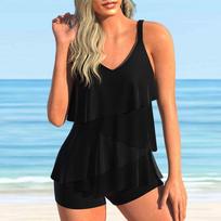 Moteriški maudymosi kostiumėliai Tankini 2 dalių maudymosi kostiumėlis Mėlynas Lotus Leaf Gradient Print Maudymosi kostiumai XL juoda