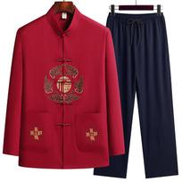 Kinų tradiciniai Tang drabužiai Kung Fu kostiumas Mada Laisvalaikio siuvinėjimo marškinėliai Kelnės Wing Chun Tai Chi Patogus vyriškas rinkinys 3XL kiniška raudona spalva