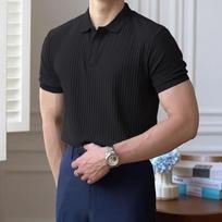 Vyriški marškinėliai su raišteliais trumpomis rankovėmis Polo Slim Fit, aukšto elastingumo, laisvalaikio sporto salės apranga, užsegami korėjietiški marškinėliai, vyriški S juoda