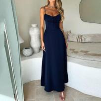 Nauja Vasarinė Moteriška Elegantiška Ilga Suknelė Be Rankovių Su Raišteliais, Vasariniai Moteriški Drabužiai, Laisvalaikio Suknelė Moteriai, Paplūdimio Suknelės 2XL tamsiai mėlyna spalva