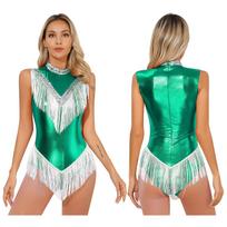 Moterų berankovė blizgučiais kutais puošta leotard suknelė lotynų šokiams, bodis vakariniams šokiams, rumbai, ča-ča, tango, sambai, čiuožimui, gimnastikai L žalia