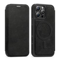 Prabangus odinis dėklas su kortelių skyriumi, atverčiamas, skirtas iPhone 16 Pro Max 15 Pro 14 13 12 11, su Magsafe, atsparus smūgiams, belaidis įkrovimas, magnetinis buferio dangtelis iPhone 13 Pro Max juoda