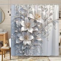 1 Elegantiška lelijų dušo užuolaida, sidabriniai žiedlapiai, auksiniai piesteliai, žėrintys deimantai, poliesterio audinys, su kabliukais 90X180cm gray