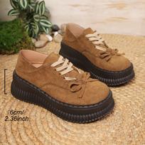 Womens Loafers Shoes Female Footwear Platform Casual Sneakers Spring Autumn Lace Up New Dress Retro Suede Heeled Mary Janes Shoe 35 chaki
