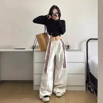 Women's Retro High-Waist Cargo Sweatpants - Three-Stripe, Wide-Leg, Casual Sportswear for Spring & Autumn XL