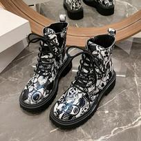 Madingi Comemore 2025 Nauji Rudens Batai Grafiti Moteriški Batai Spausdinti Animaciniai Raišteliais Odiniai Ankle Boots Punk Stiliaus Storu Kulnu Botas 35 juoda