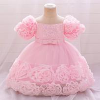 Nauja Princess suknelė su blizgučiais ir pūstomis rankovėmis kūdikiams ir mažiems vaikams su 3D aplikacija ir tinkleliu. 80cm / 9-12 Months rožinė