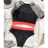 Moteriškas maudymosi kostiumėlis su aukštu juosmeniu Moteriškas maudymosi kostiumėlis su trumpomis rankovėmis tinklelis, bikinis, dviejų dalių bikinio rinkinys, maudymosi kostiumėlis S juoda