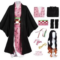 Anime Demon Slayer Kimetsu No Yaiba Kamado Nezuko Cosplay Kostiumas Moteriškas Kimono Perukas Helovino karnavalinės aprangos kostiumas L-(Costume+Wig)