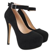 LOSLANDIFEN Moteriški 14cm Apvalus priekis Kulkšnies dirželis Plonas kulnas Slingback Platforminiai bateliai Aukštakulniai Stiletai Party Vestuviniai bateliai 39 juoda