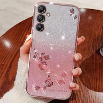 Telefono dėklas Samsung Galaxy A55, A35, A25, A15, A05s, Flash Pink gėlės, skaidrus, smūgius sugeriantis, prabangus, deimantais žvilgantis apsauginis dangtelis Samsung Galaxy A55 rožinė