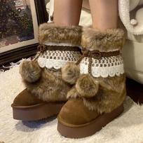Bow Fur Snow Boots Women Platform Ankle Shoes Winter Suede Flats Warm  2025 New Brand Fashion Sweet Chelsea 35 kakavinės rudos spalvos