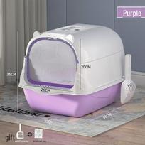 Ypač didelė pusiau uždara dvipusė kačių tualeto dėžutė su atverčamu dangčiu, apsaugota nuo purslų ir kvapų. violetinė
