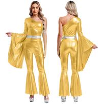Moterims 70-ųjų Disco Vintažinis Cosplay Kostiumas Karnavalo Rave vakarėlio Kostiumas Metalinis Flaerinis Ilgas Kelnės Kombinezonas Flaerinis Džiazo Šokio Apranga S auksas