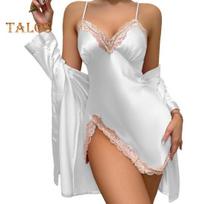 Moteriški seksualūs atlasiniai šilkiniai pižamų rinkiniai Nėriniuoti naktiniai marškiniai su chalatų komplektu Cami Mini naktinis marškinys 2 dalių kostiumas Chemise miegui L balta