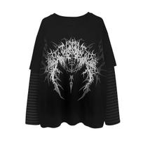 Netikri dviejų dalių patchwork dryžuoti Y2k estetiniai marškinėliai Harajuku kasdieniai laisvi su spauda marškinėliai gotiški gatvės drabužiai moterims grunge topas S juoda