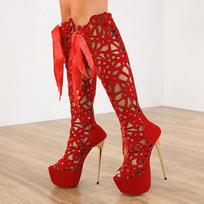 Vasaros 16CM Ypač ploni aukštakulniai Seksualūs naktinio klubo Atvirais pirštais virš kelių batai Moteriški su atvirais pirštais, raišteliais, užtrauktuku platforminiai batai Sandalas 35 raudona