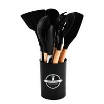 Silikoninių virtuvės įrankių rinkinys, nelipnūs indai su medinėmis rankenomis 12-Piece Set juoda