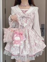 2025 m. Japoniška saldi Lolita Kawaii suknelė Moterims Pavasarinė Spausdinta su kaspinėliu Netikra dviejų dalių suknelė Moteriškas Korėjietiško stiliaus dizainas Šventinė apranga S rožinė