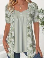 2024 Spring/Summer Women's Cross-Border Fashion: Fake Two-Piece Short-Sleeve Printed Button-Up Top 4XL