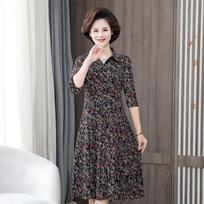 New mother suit summer 7-quarter sleeve floral dress shirt collar mid-length large size middle-aged women's clothing S tamsiai mėlyna spalva